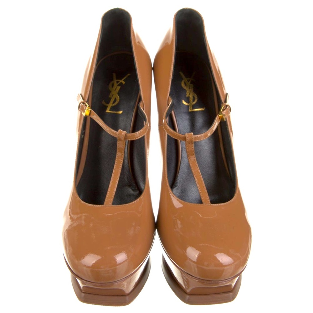 YSL Saint Laurent Patent Leather Tan T-Strap Heals / Pumps, Size 39.5